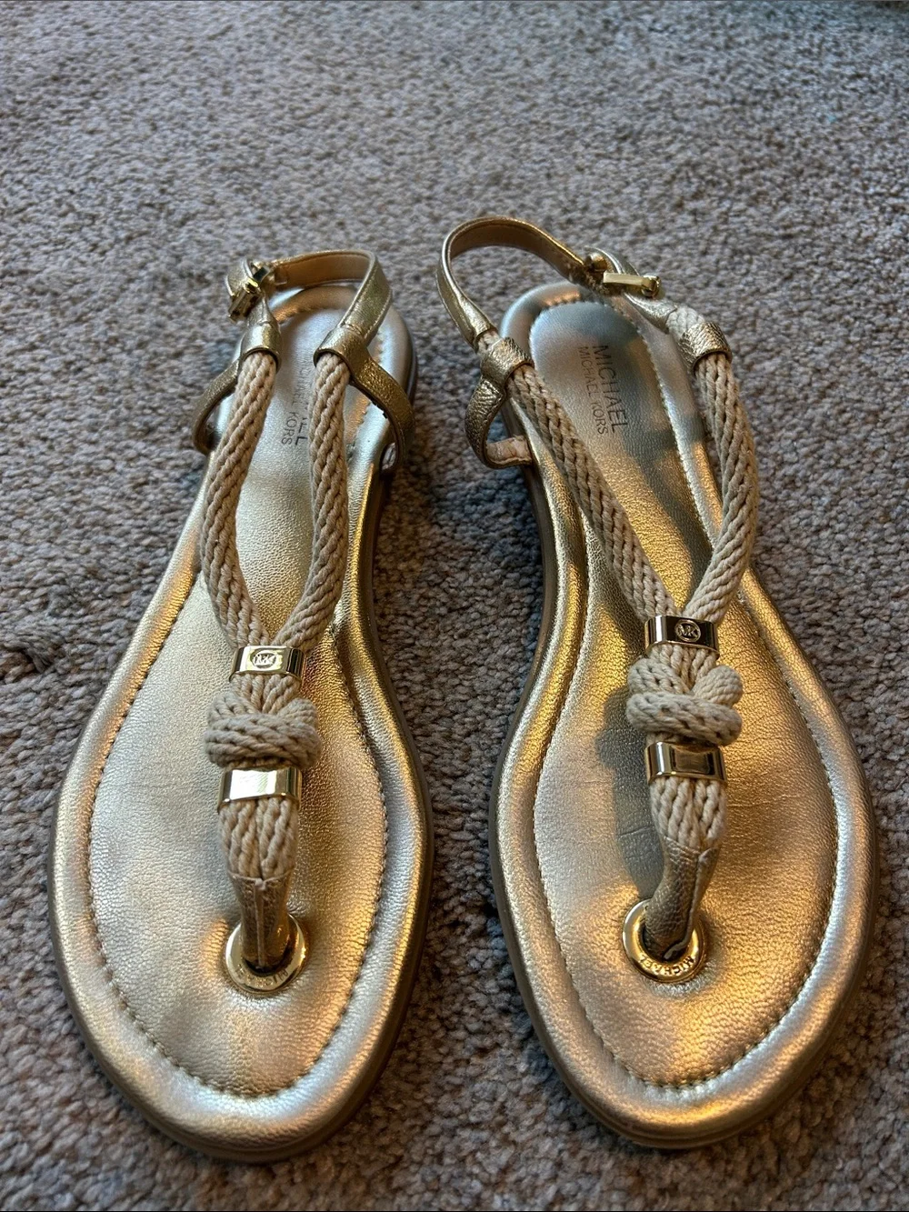 MICHAEL Michael Kors Holly Metallic Gold Knotted T-Strap Sandals